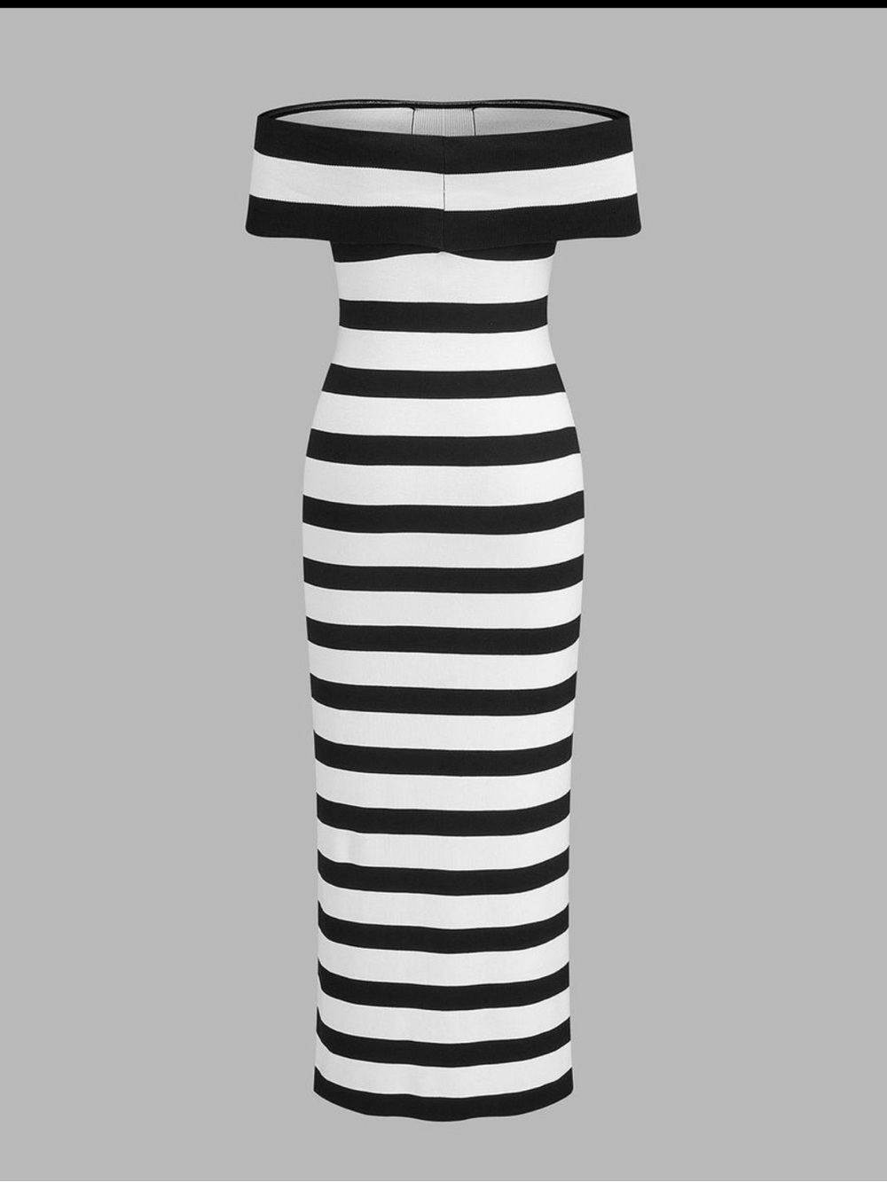Commense Off-Shoulder Black and White Striped Button-Front Midi Dress - Picture 3 of 8